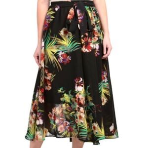 Moon Orchid Skirt Midi Women's Small Black/Floral Flowly Elastic Waist
